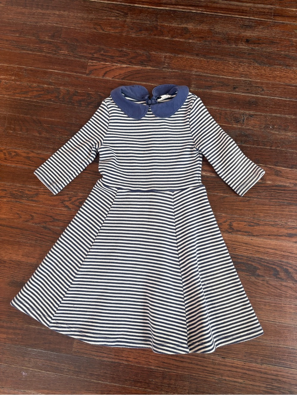 Mini Boden Navy and White Striped Dress with Peter Pan Collar